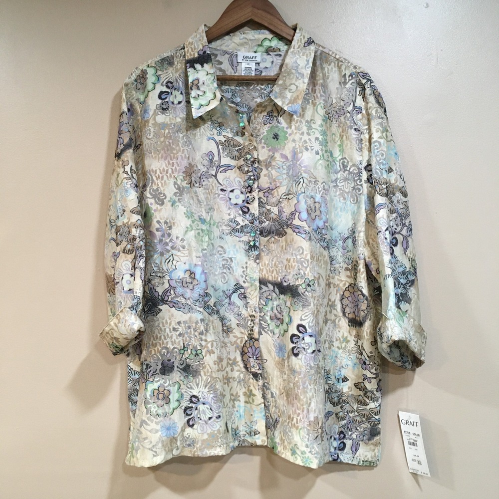 Graff Floral Burnout Button Up Shirt Womens XL Embellished Beads Artsy Boho Chic